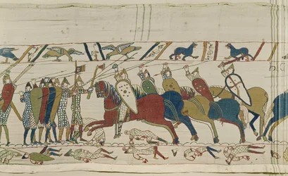 A muralha de escudos inglesa é atacada e a batalha é unida, a tapeçaria de Bayeux